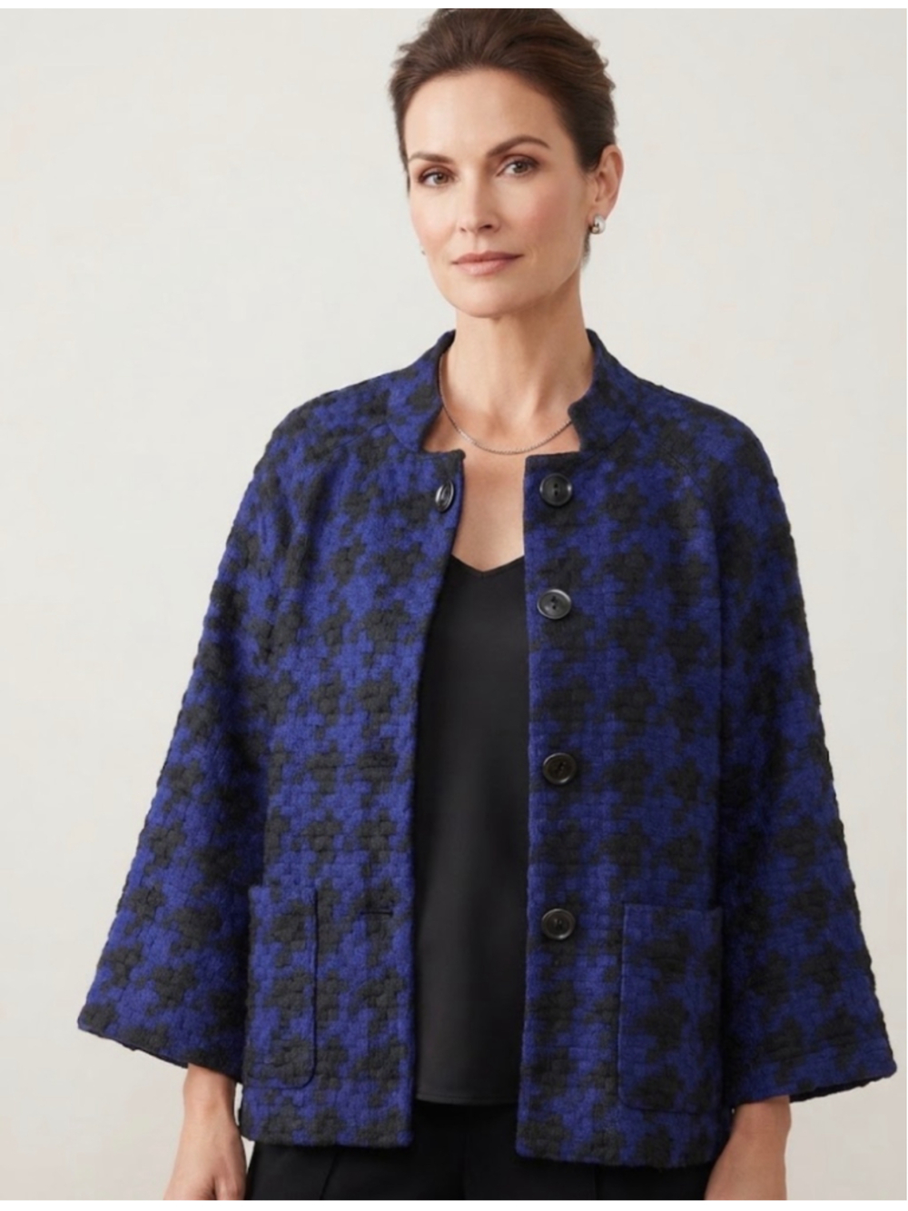 Coldwater Creek Jacket Medium Blue Black Houndstooth Pattern